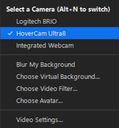 select hovercam ultra 8 from the list in Zooms camera inputs