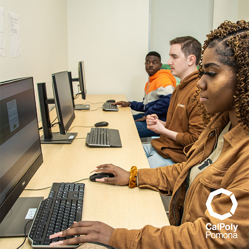 students seated at a large table each using a desktop computer