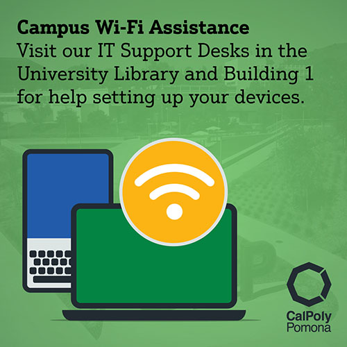 Campus Wi-Fi Assistance: Visit our IT Support Desks in the University Library and Building 1 for help setting up your devices.