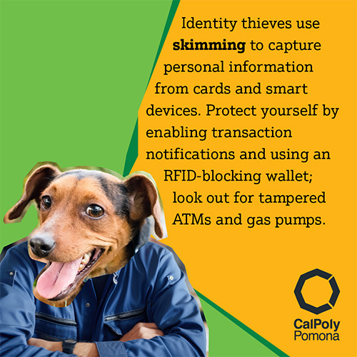 Identity thieves use skimming to capture personal information from cards and smart devices. Protect yourself by enabling transaction notifications and using an RFID-blocking wallet; look out for tampered ATMs and gas pumps.