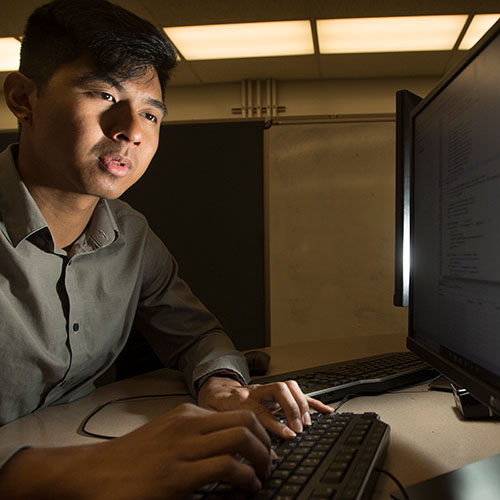 student sitting at a desk looking at a computer screen