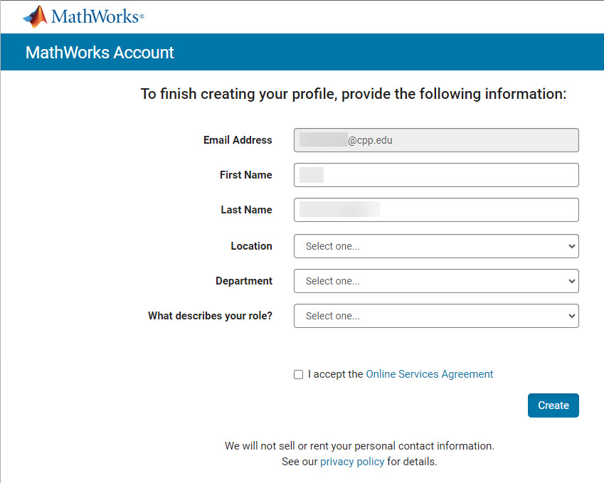 mathworks account profile creation