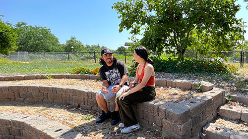 students chatting outside