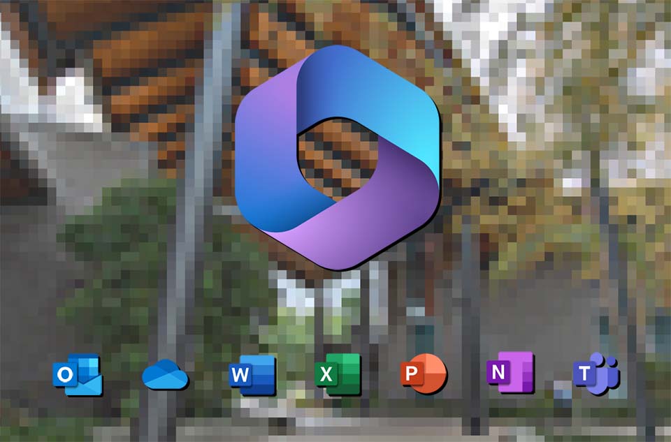 Office 365 logos and icons over a pixelated photo
