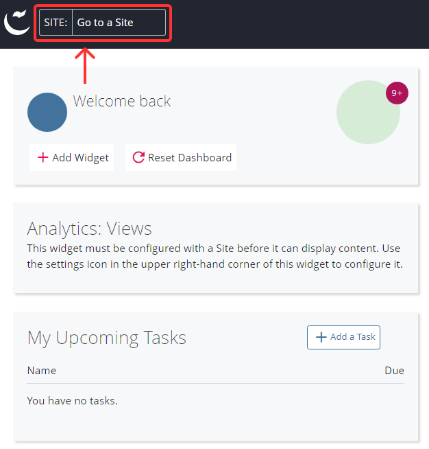 Cascade Dashboard displaying "SITE: Go to a Site"