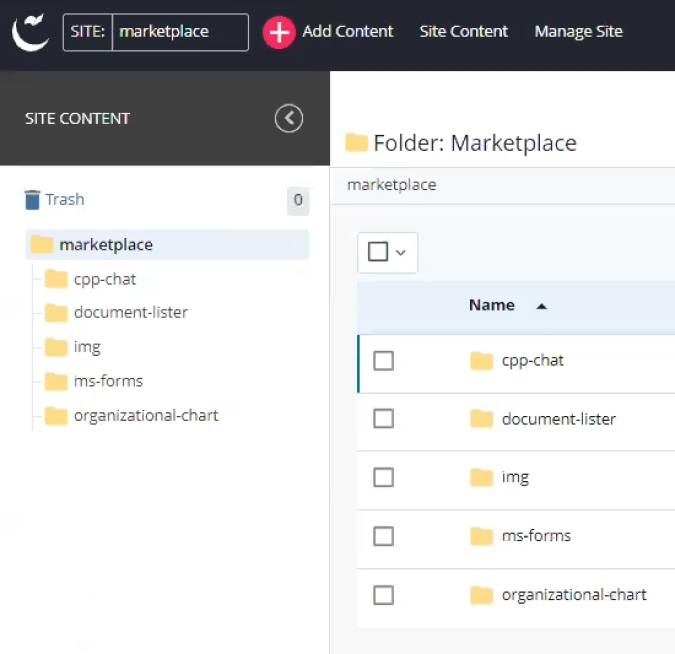 "Marketplace" folder displays folders for block content.
