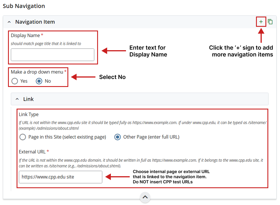 Screenshot of sub landing page when user selects 'No' for drop down menu