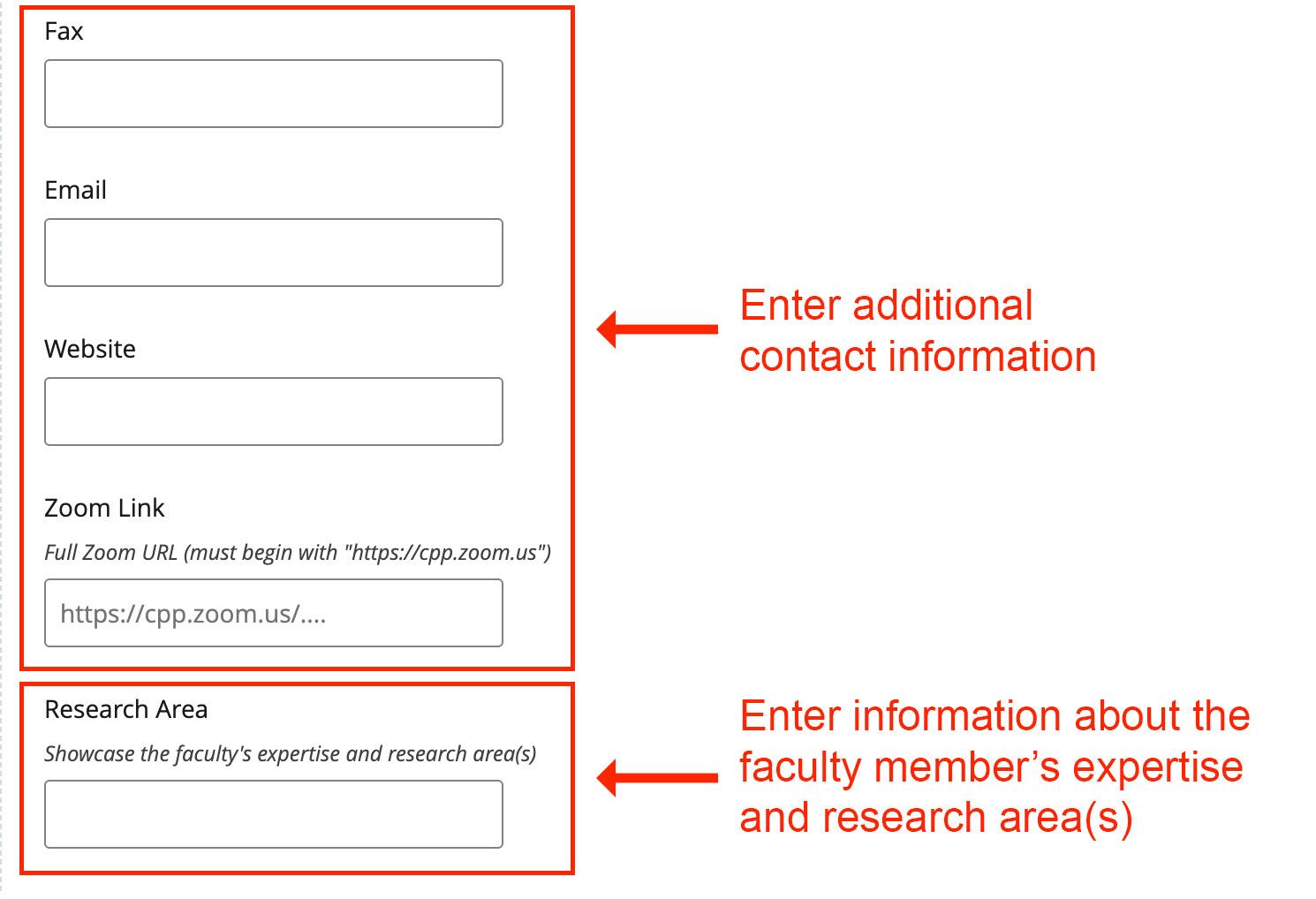 Screenshot of additional contact info and research info for a directory in Cascade Editor