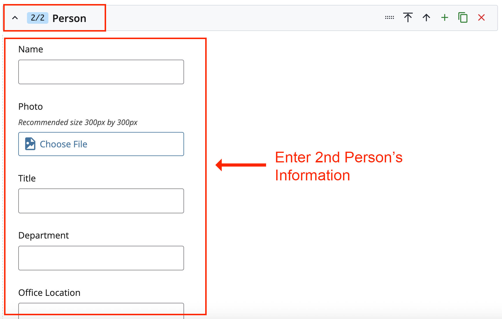 Screenshot of second person's contact information for directory in Cascade Editor