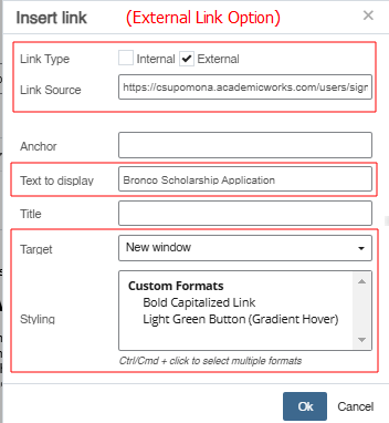 External link form option