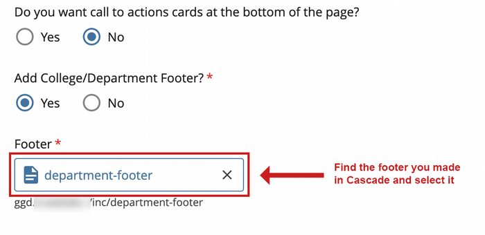 Screenshot of user adding department footer module to their page