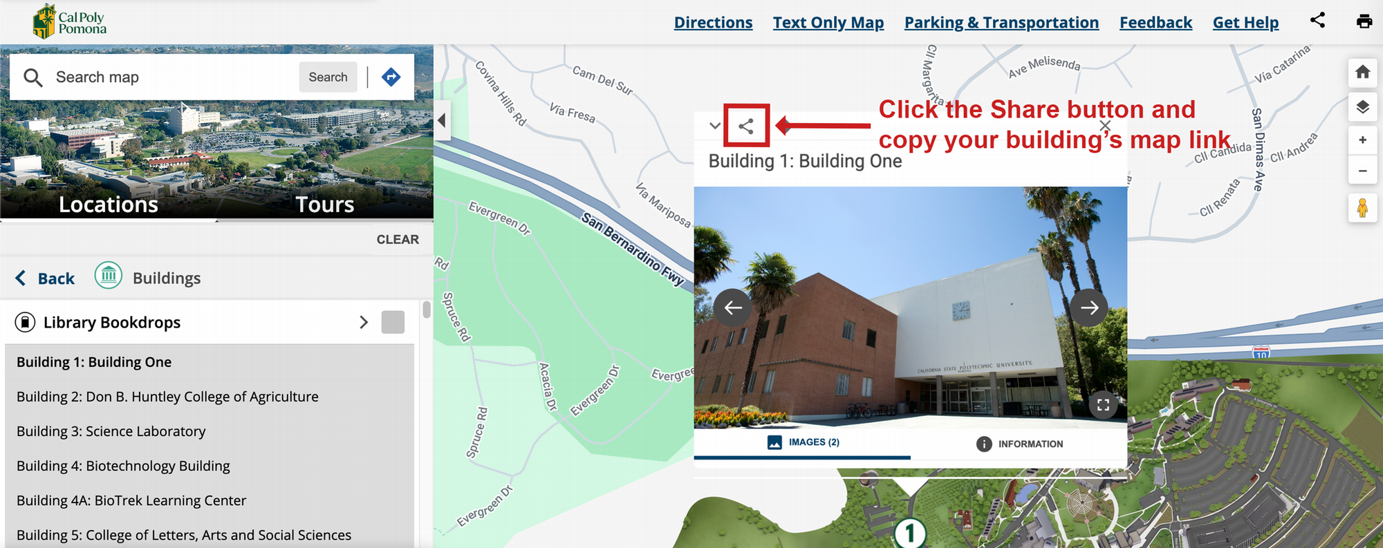 Screenshot of Building 1 on the CPP Campus Map when user clicks the Share button