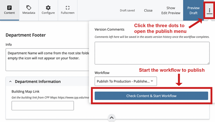 Screenshot of footer Edit Mode when user clicks start workflow