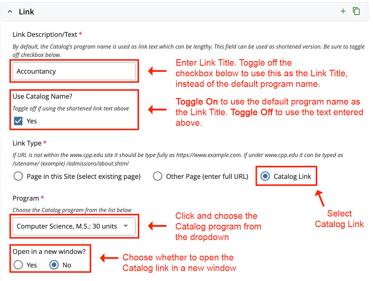 Screenshot of link list internal page in Cascade Editor