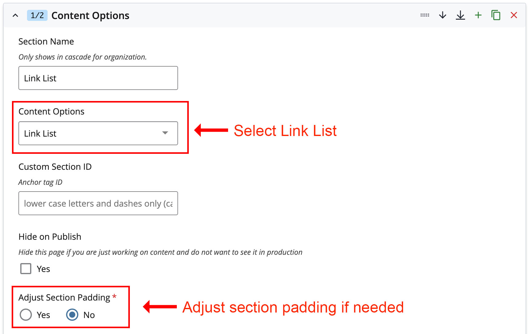 Screeneshot of choosing link list content option in Cascade Editor