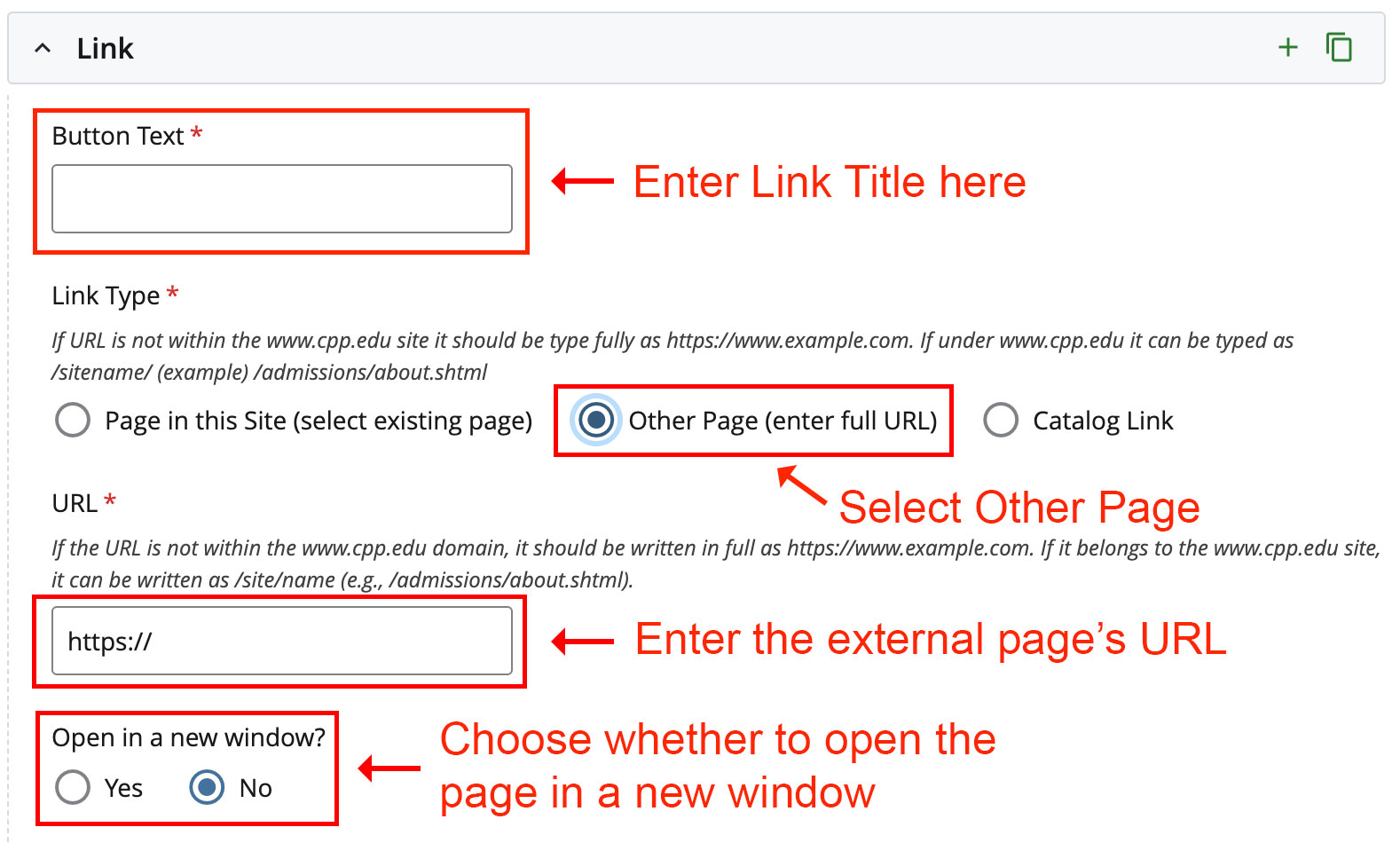 Screenshot of link list to external page in Cascade Editor