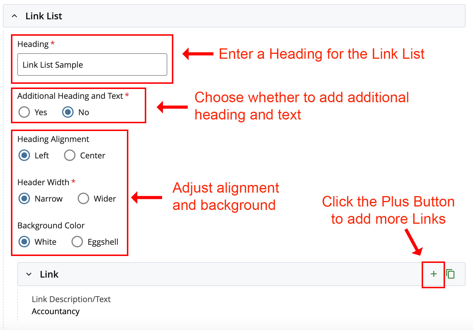 Screenshot of Link list in Cascade Editor