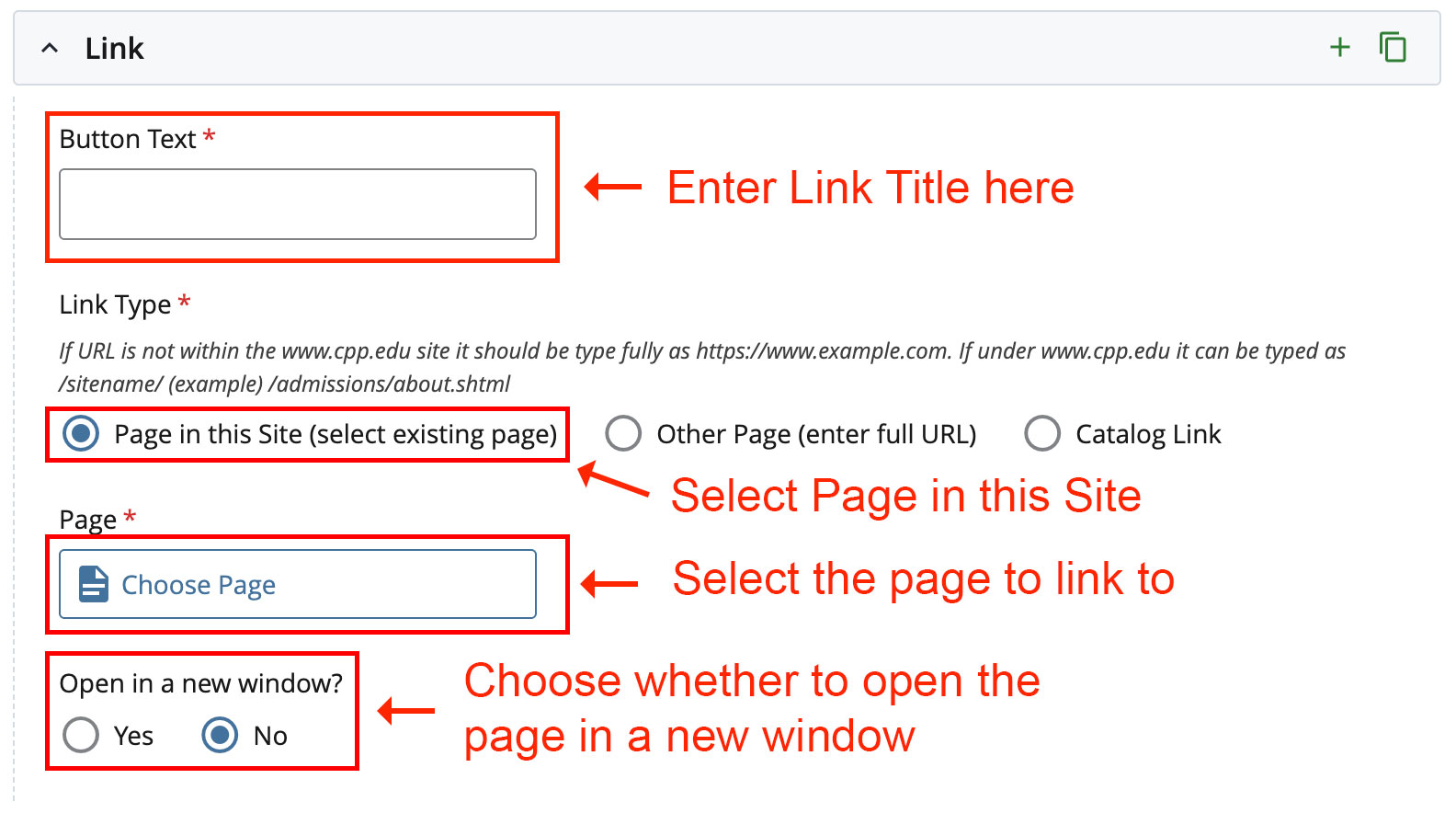 Screenshot of link list internal page in Cascade Editor