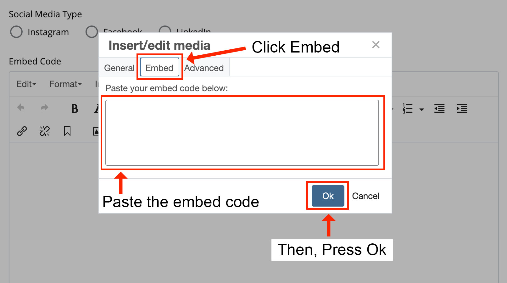 Screenshot of publisher inserting embed code to social media feature in Cascade Editor