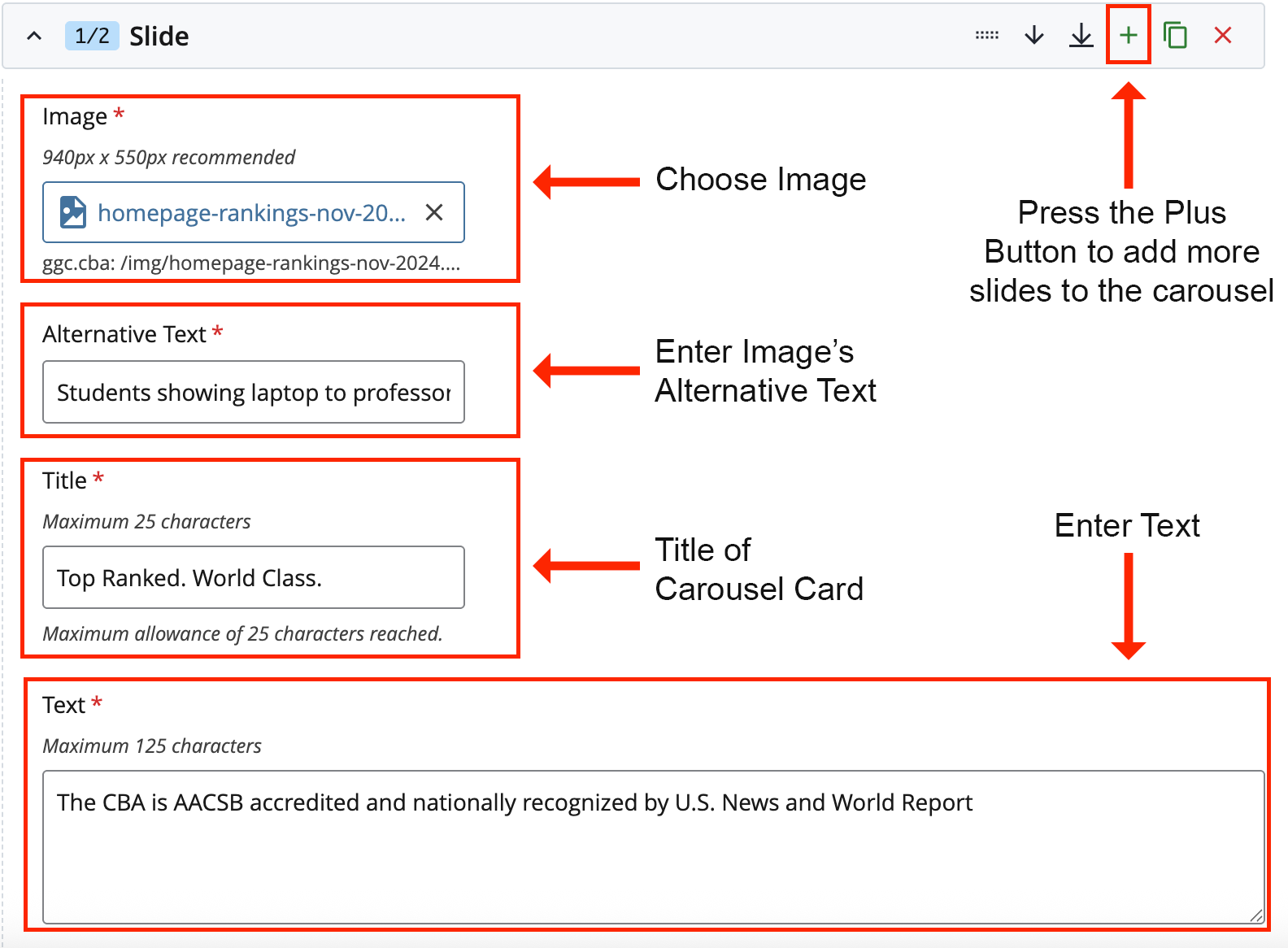 Screenshot of Cascade Edit Mode for Hero Landing Page Carousel