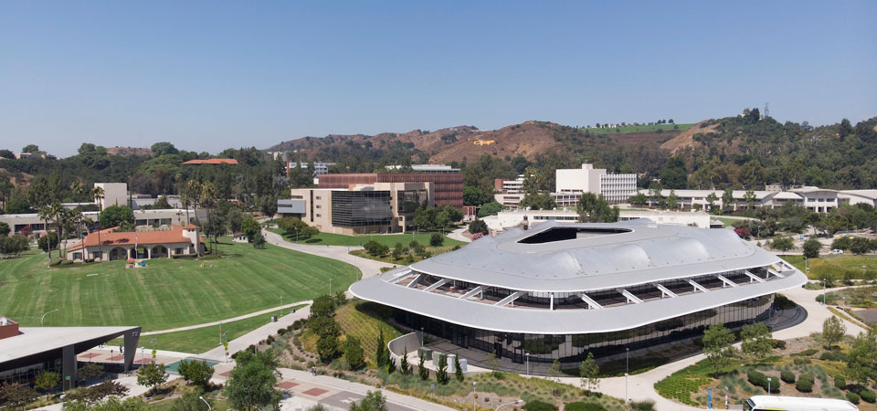 aerial view of CPP old stables and new student services building 