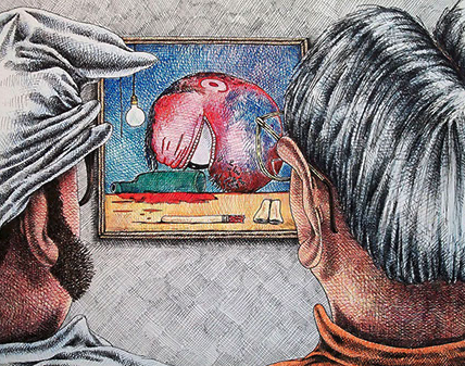 Two men admiring an abstract art piece.