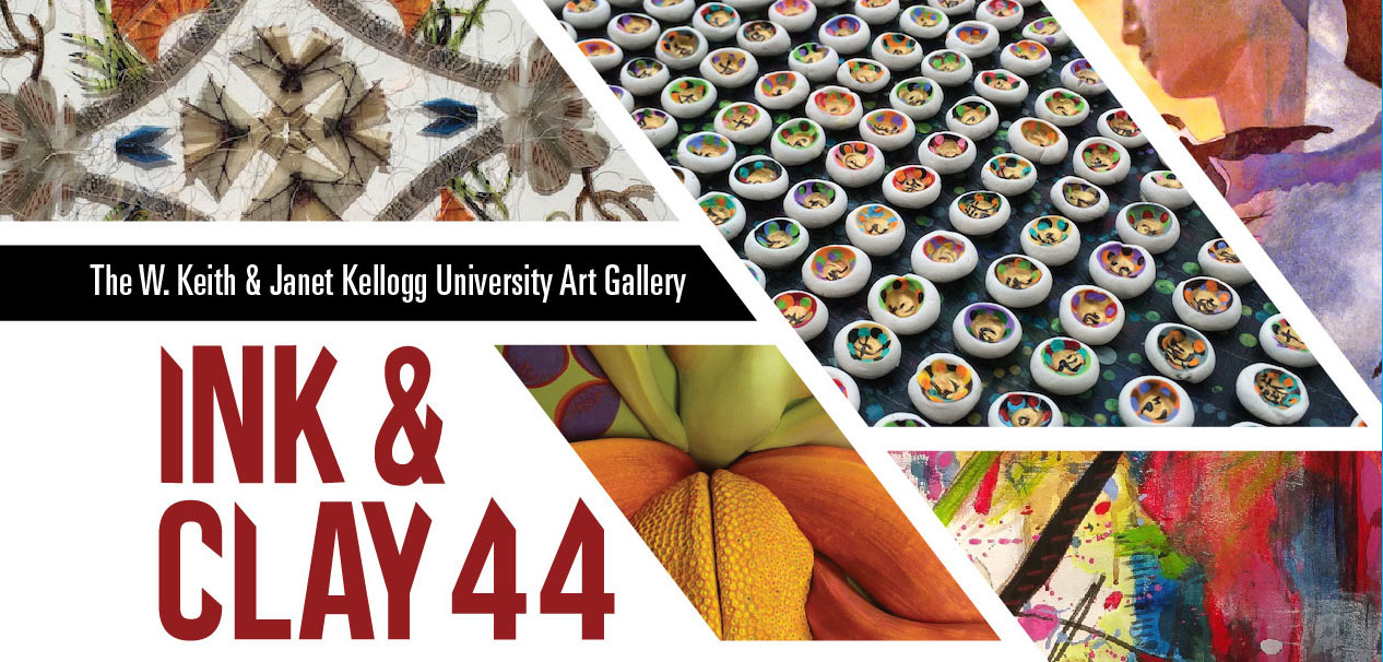 Ink & Clay 44 Banner with a variety of past exhibited artworks.