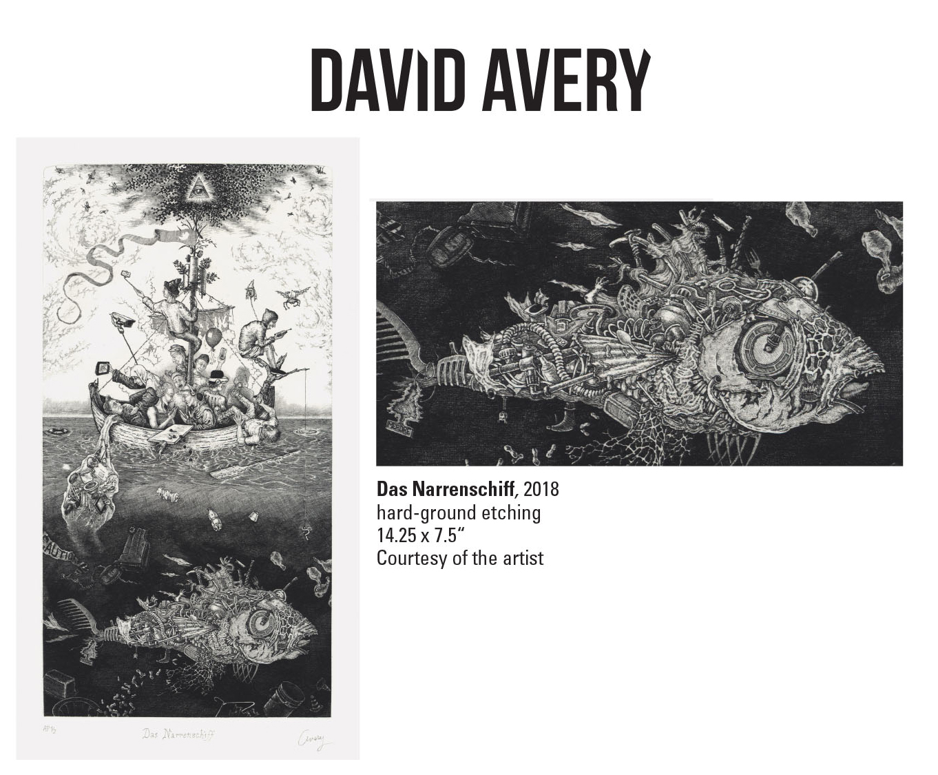 David Avery, Das Narrenschiff, 2018. Hard-ground etching. 14.25 x 7.5" Courtesy of the artist. An etching of a boat in the ocean with a big fish swimming underwater.