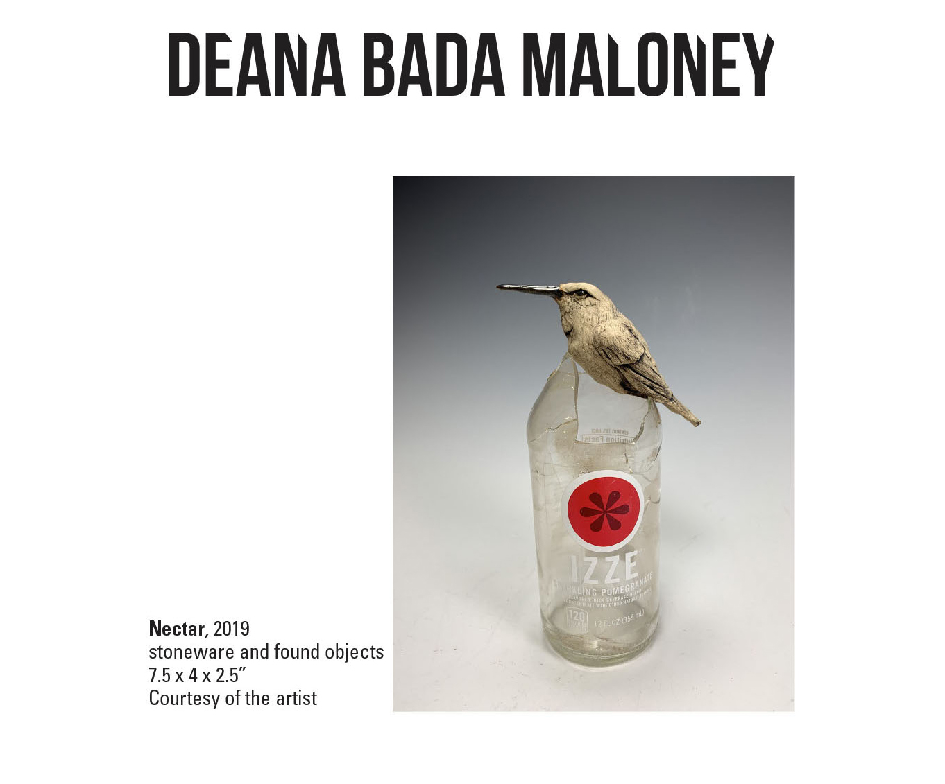 Deana Bada-Maloney, Nectar, 2019. Stoneware and found objects. 7.5 x 4 x 2.5" Courtesy of the artist. A bird sitting on top of a cracked glass bottle of sparkling pomagranite.