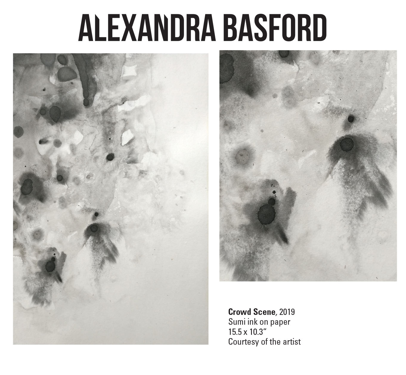 Alexandra Basford, Crowd Scene, 2019. Sumi ink on paper. 15.5 x 10.3" Courtesy of the artist. Abstract shapes in light and dark shades of black