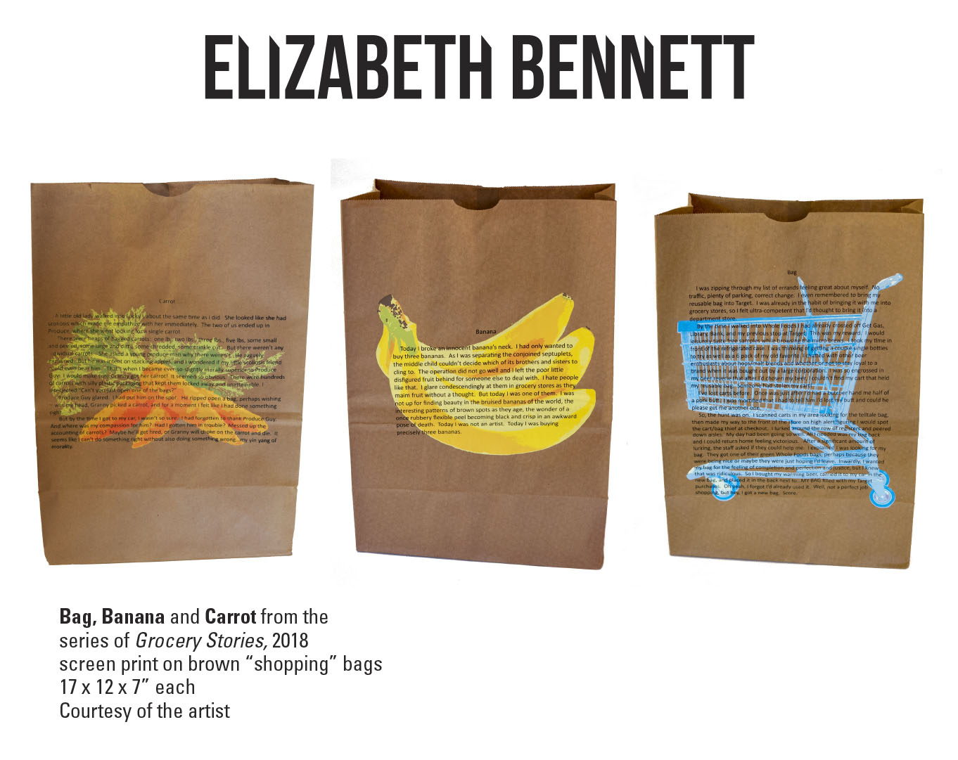 The brown paper bags, each with a different image and text printed on top