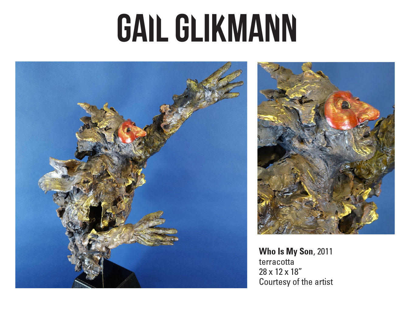 Gail Glikmann, Who Is My Son, 2011. Terracotta. 28 x 12 x 18” Courtesy of the artist. A sculpture of a man reaching upwards with a red mask on.