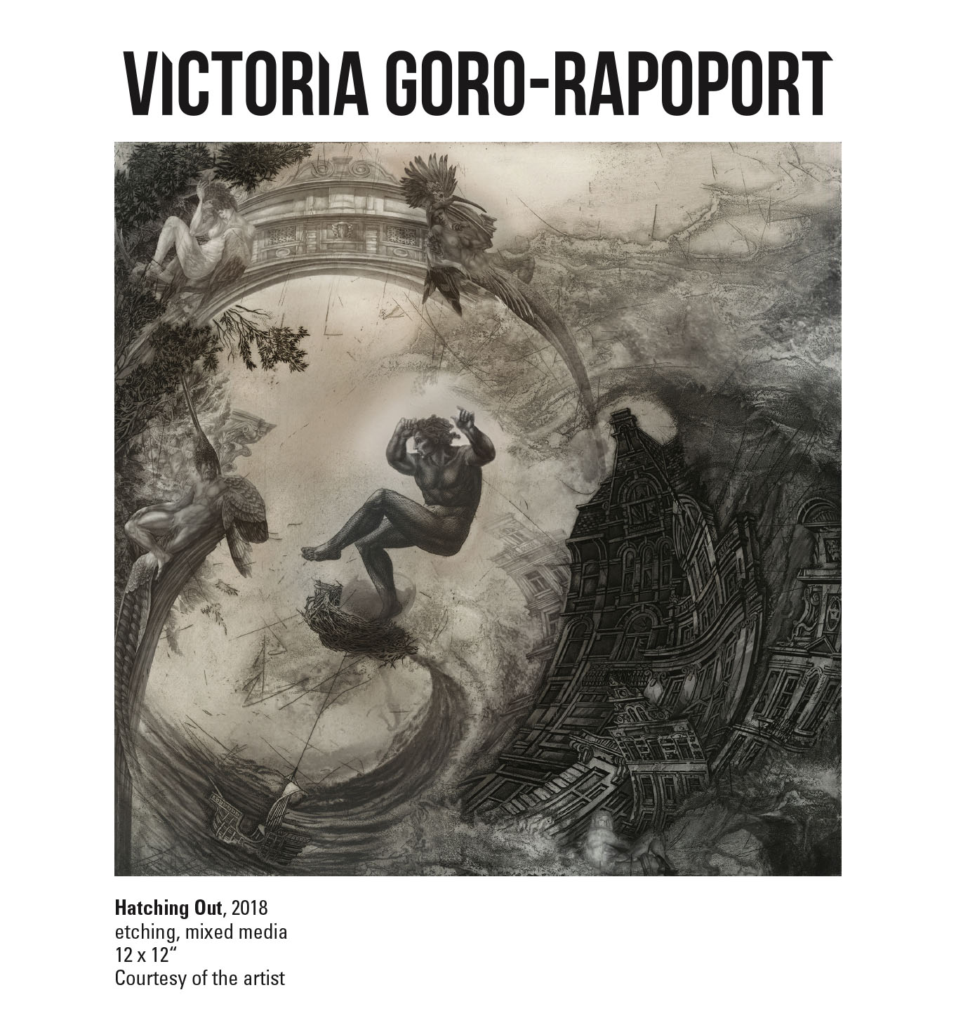 Victoria Goro-Rapoport, Hatching Out, 2018. Etching, mixed media. 12 x 12“ Courtesy of the artist. An etching showing buildings, the ocean, and mixed animal beings in a distorted spiral motion