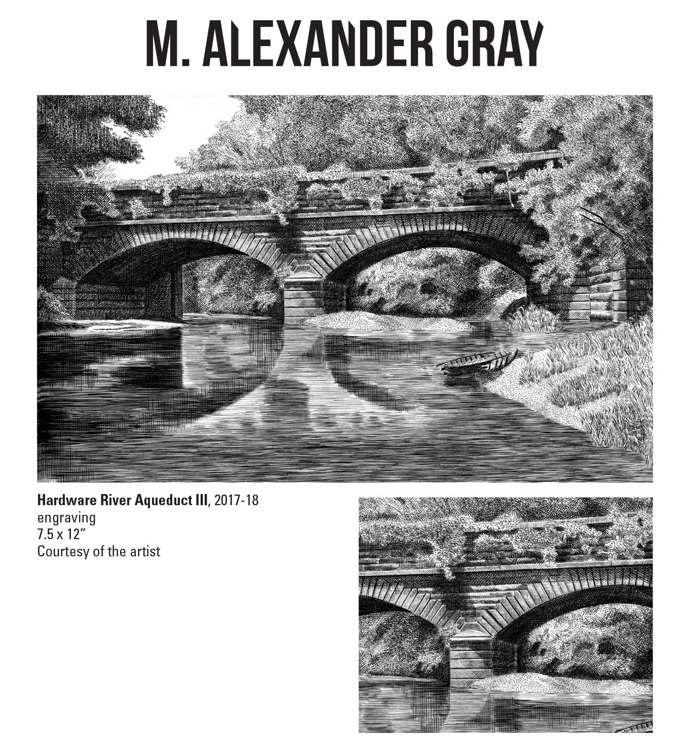 M. Alexander Gray, Hardware River Aqueduct III, 2017-18. Engraving. 7.5 x 12“ Courtesy of the artist. Engraving of a bridge over water