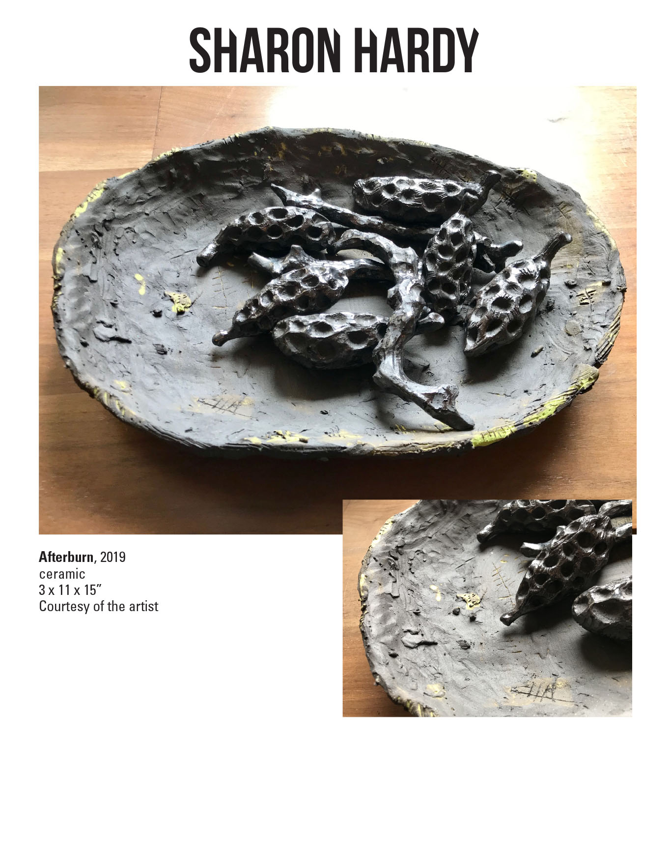 Sharon Hardy, Afterburn, 2019. Ceramic. 3 x 11 x 15” Courtesy of the artist. A sculpture of a plate with seed pods