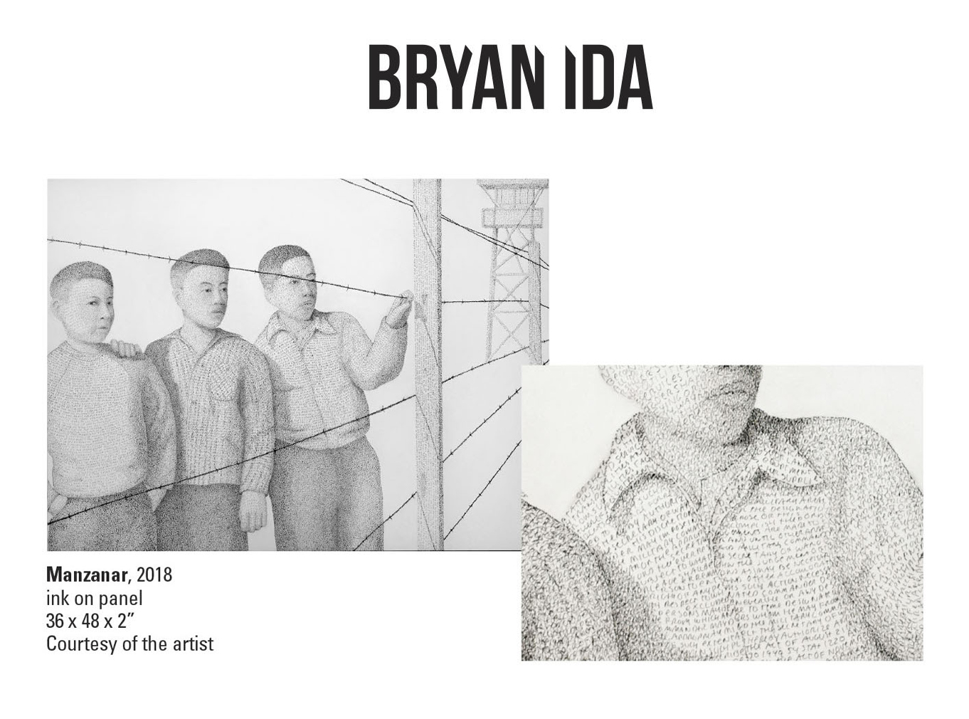 Bryant Ida, Manzanar, 2018. Ink on panel. 36 x 48 x 2" Courtesy of the artist. A ink drawing of three young men behind a wire fence.