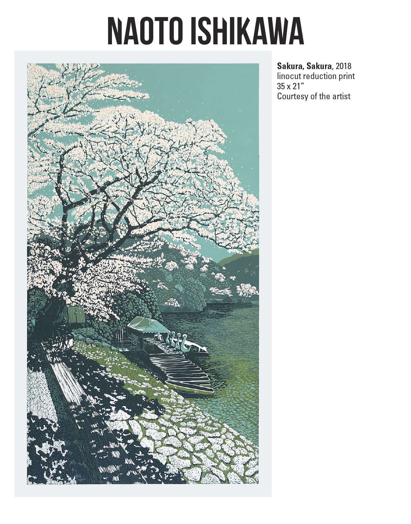 Naoto Ishikawa, Sakura, Sakura, 2018. Linocut reduction print. 35 x 21” Courtesy of the artist. A print of boats on the water near a tree with white flowers
