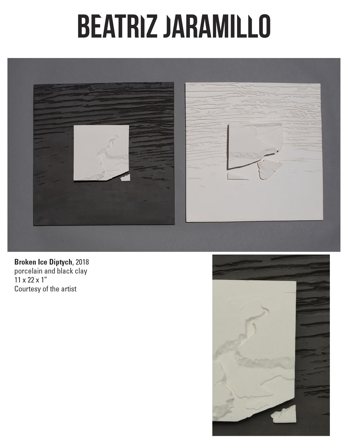 Beatriz Jaramillo, Broken Ice Diptych, 2018. Porcelain and black clay. 11 x 22 x 1” Courtesy of the artist. Two squares with a smaller shattered square placed in the center
