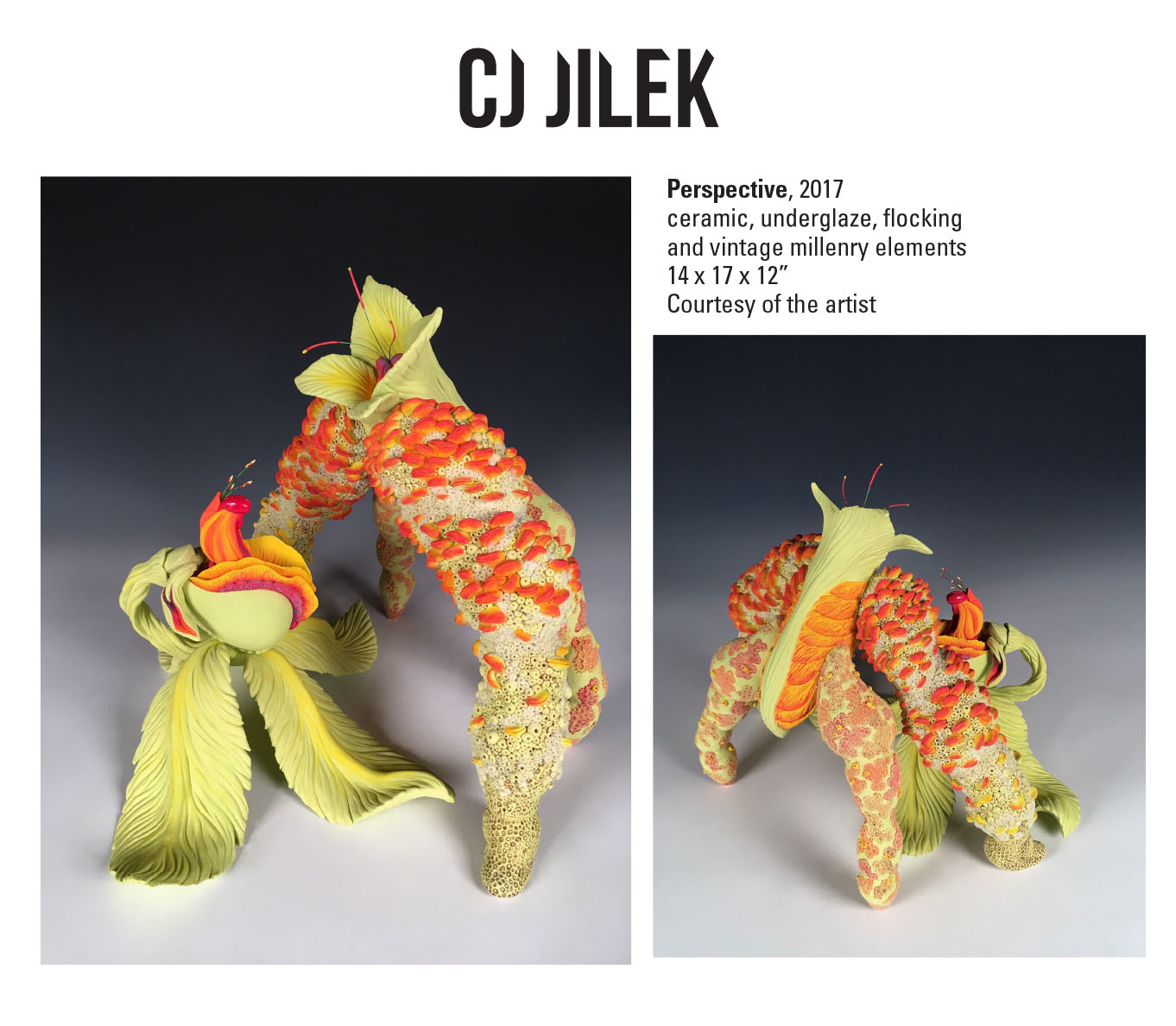 CJ Jilek, Perspective, 2017 ceramic, underglaze, flocking and vintage millenry elements. 14 x 17 x 12” Courtesy of the artist. A sculpture of a plant-like organism with orange and green textures