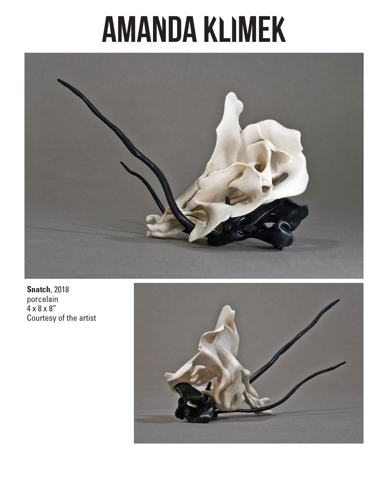 Amanda Klimek, Snatch, 2018. Porcelain. 4 x 8 x 8” Courtesy of the artist. A black and white colored sculpture with abstract shapes