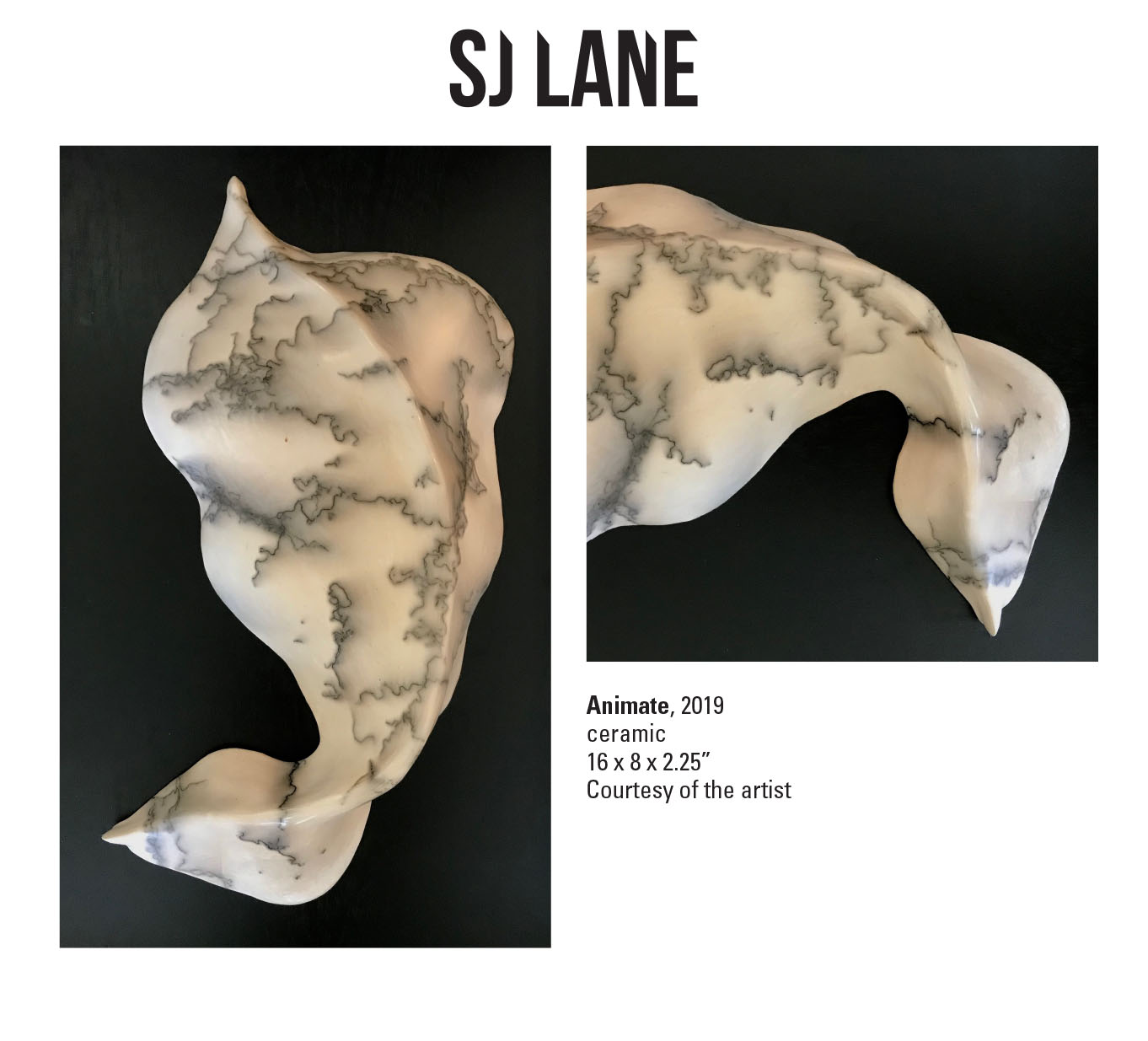 SJ Lane, Animate, 2019. Ceramic. 16 x 8 x 2.25” Courtesy of the artist. A sculpture of a organic looking form with messy black lines over white