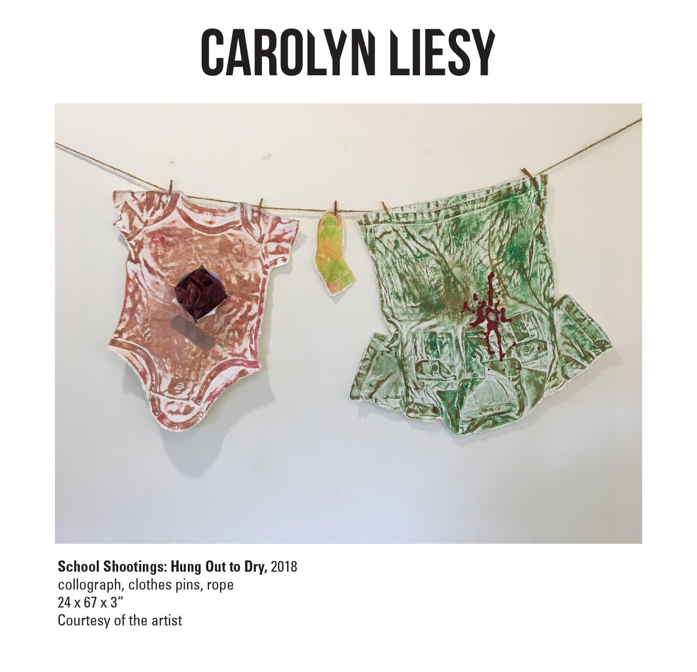 Carolyn Liesy, School Shootings: Hung Out to Dry, 2018. Collograph, clothes pins, rope. 24 x 67 x 3“ Courtesy of the artist. Two shirts hanging on a wire