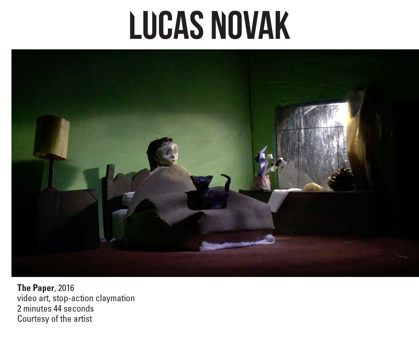 Lucans Novak, The Paper, 2016. Video art, stop-action claymation, 2 minutes 44 seconds. Courtesy of the artist. A scene from a claymation of a person in bed looking out a window