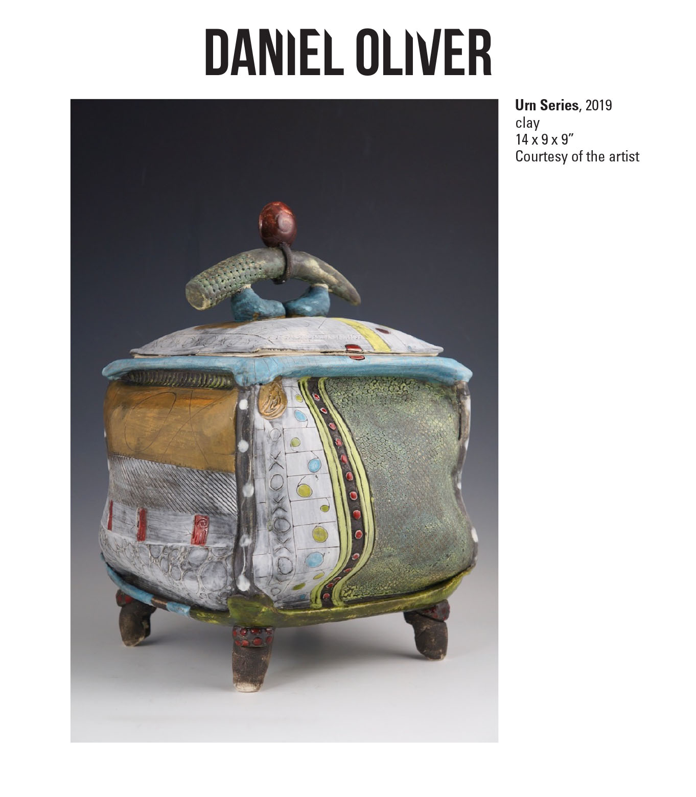 Daniel Oliver, Urn Series, 2019. Clay. 14 x 9 x 9” Courtesy of the artist. A sculpture of a urn with and handle on the top and warped side walls with patterns and buttons on the side