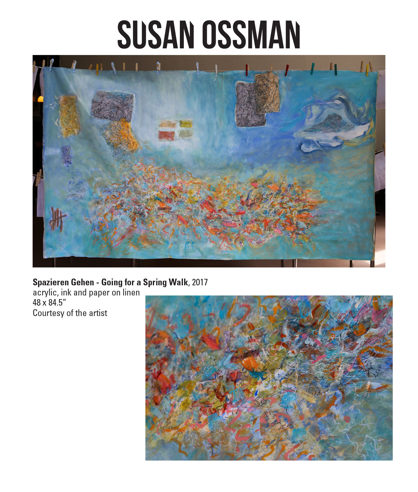 Susan Ossman, Spazieren Gehen - Going for a Spring Walk, 2017. Acrylic, ink and paper on linen. 48 x 84.5“ Courtesy of the artist. A blue painting with abstract textures and shapes placed all over the linen