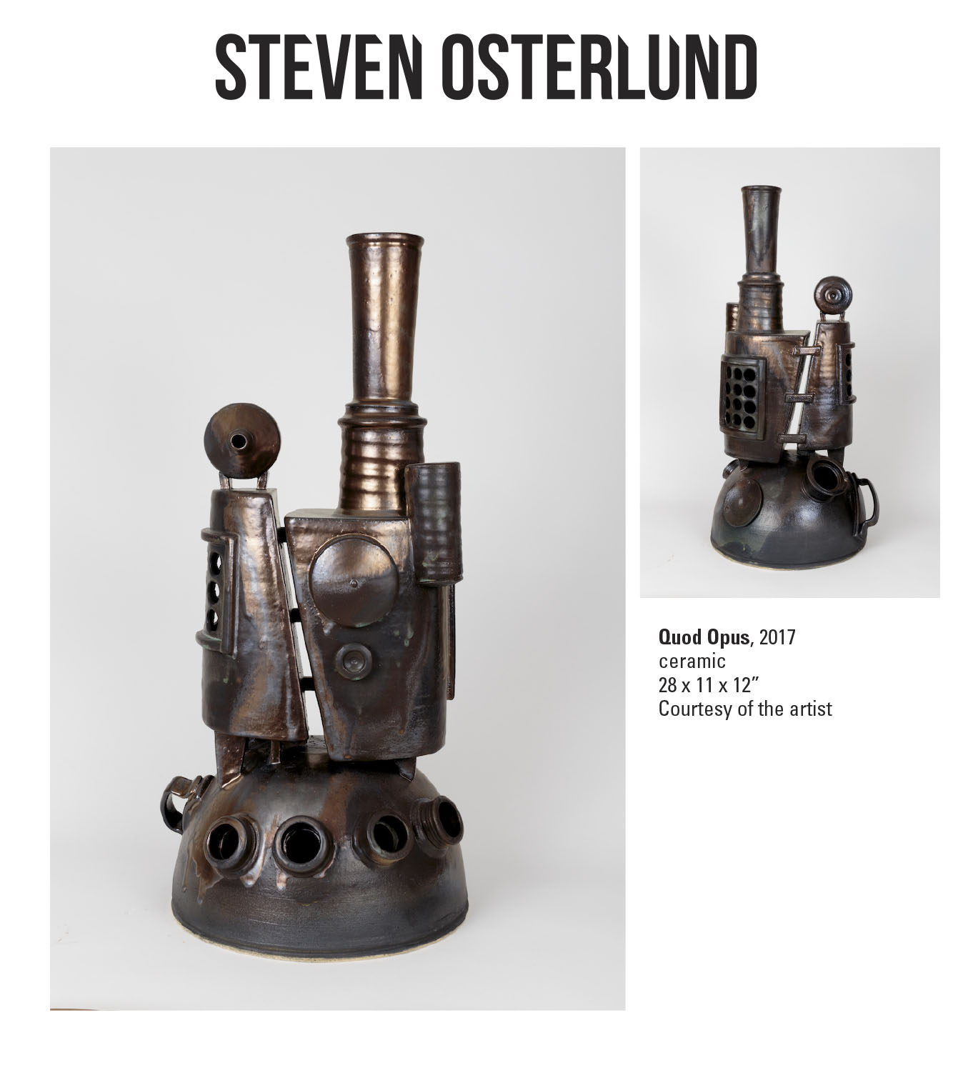 Steven Osterlund, Quod Opus, 2017. Ceramic. 28 x 11 x 12” Courtesy of the artist. A sculpture of industrial looking equipment with various shapes in a bronze color