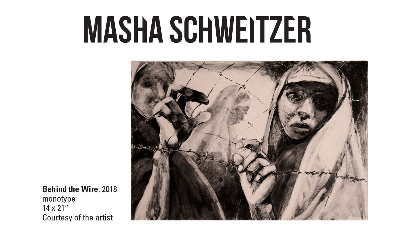 Masha Schweitzer, Behind the Wire, 2018. monotype. 14 x 21“ Courtesy of the artist. This artwork shows women behind a barbed wire fence looking at the viewer 
