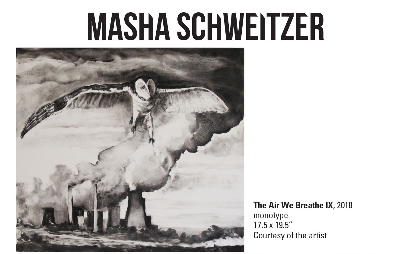 Masha Schweitzer, The Air We Breathe IX, 2018. Monotype. 17.5 x 19.5“ Courtesy of the artist. This artwork shows an owl flying away from huge smoke clouds coming from factories. 