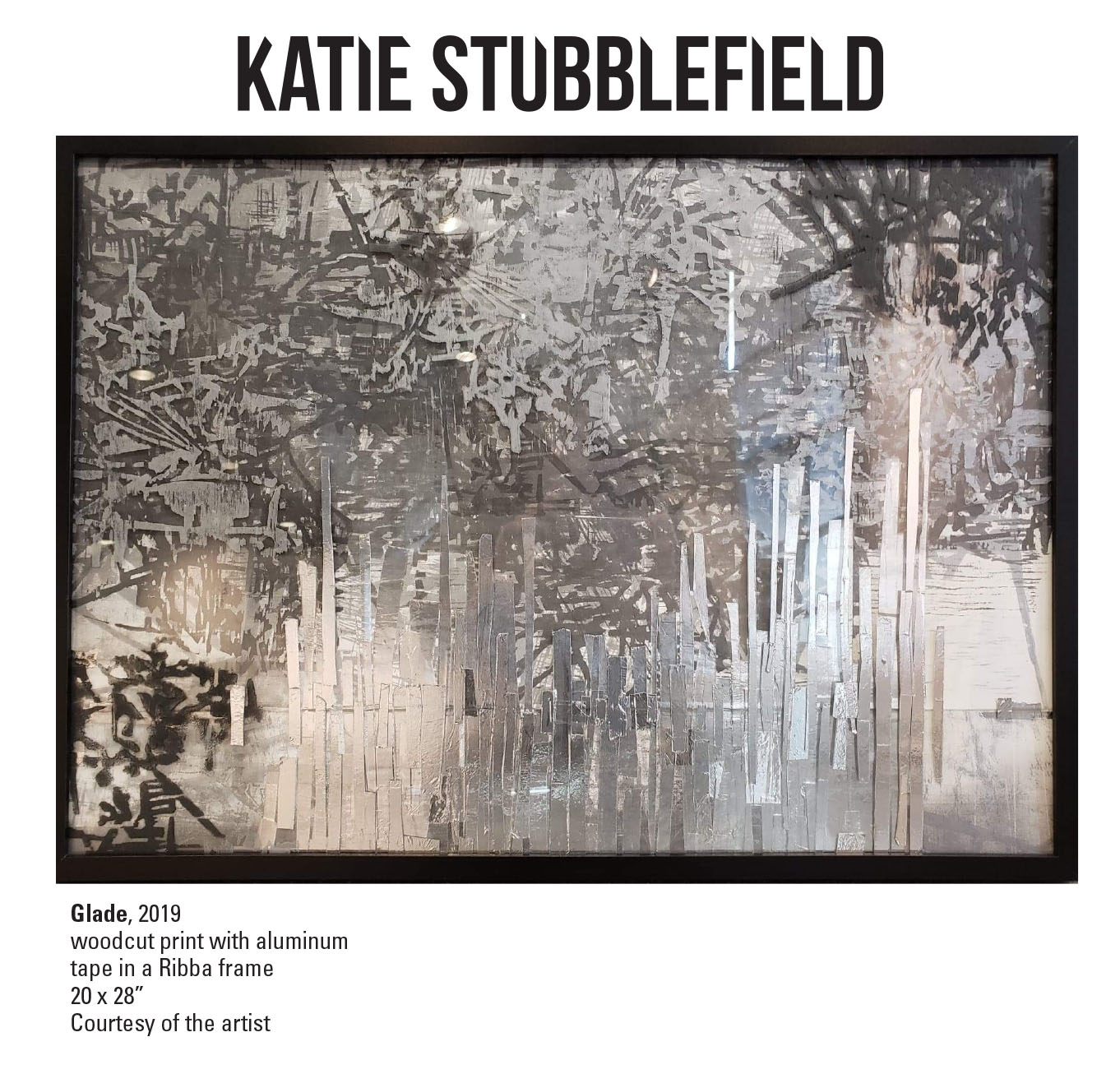 Katie Stubblefield, Glade, 2019. Woodcut print with aluminum tape in a Ribba frame. 20 x 28” Courtesy of the artist. A woodcut print of various lines creating a chaotic texture.