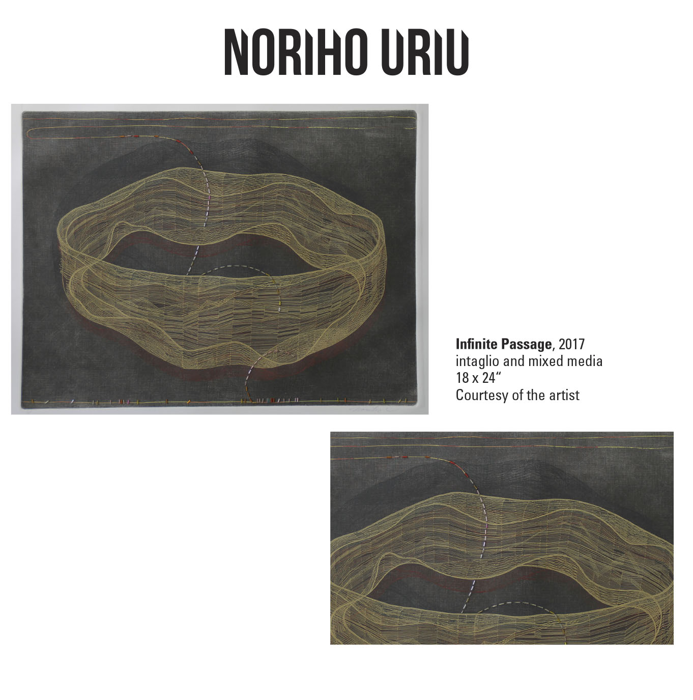 Noriho Uriu, Infinite Passage, 2017. Intaglio and mixed media. 18 x 24“ Courtesy of the artist. A oval shaped object made up of various lines with a dashed line running through the center.